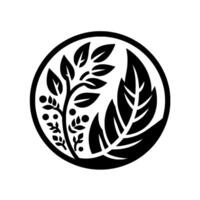 Intricate botanical illustration within a circle, featuring leaves, branches and berries in stark black and white, evoking a sense of natural harmony. vector