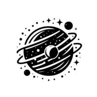 Monochromatic illustration of a celestial body with orbiting rings and scattered stars, featuring a detailed planetary surface and surrounding space elements. vector