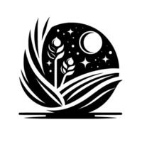 A stylized black and white nature scene within an oval, featuring wheatlike plants under a starry night sky with a crescent moon. vector