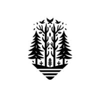 Monochromatic Forest Landscape Emblem Stylized Trees, Flying Birds, and Geometric Base within a White Space vector