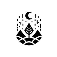 Minimalist Monochrome Mountain and Tree Landscape Under a Crescent Moon, Embellished with Abstract Dotted Rain or Stars. vector