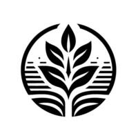 A modern, minimalist featuring a stylized plant with leaves, enclosed within a circular frame, depicting growth, nature and harmony in a black and white composition. vector