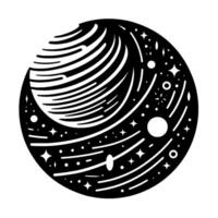 Intricate Black and White Celestial Circle Composition Depicting a Planetary Body Surrounded by Stars and Orbital Lines. vector