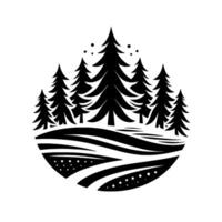 Stylized monochrome illustration of a forest scene within a circular frame, featuring fir trees and rolling hills with dotted details. vector