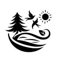 A minimalist, black and white illustration of a natural scene with a fir tree, birds in flight, sun, and organic shapes, conveying harmony and serenity. vector