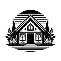 A monochrome illustration of a charming gableroofed house nestled within a striped circle, accented by stylized trees and floral elements. vector