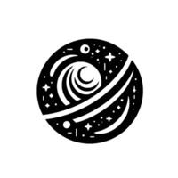 A monochrome minimalist emblem depicting an abstract celestial body with curved layers, surrounding stars, and planetlike elements within a circular frame against a white background. vector