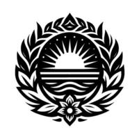 A symmetrical black and white emblem showcasing a stylized sunrise over a wavy horizon within a laurel wreath and a floral base, radiating serenity. vector