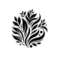 A symmetrical black and white floral , composed of stylized leaves and flowing elements arranged in a circular, ornate pattern, evoking a sense of natural elegance. vector