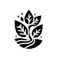 A minimalist black and white illustration of a plant with leaves, a stem and water droplets in a soillike base, suggesting growth. vector