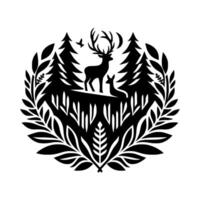 Silhouette of Deer Family in a Forest Scene within a Leafy Border, Black and White . vector