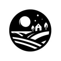 Minimalist black and white circular illustration of a serene rural scene under a moonlit sky, featuring a farmhouse, trees, and rolling fields. vector