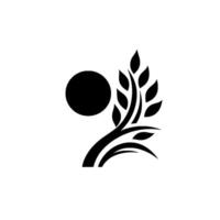 A minimalist, black and white featuring a stylized sun and a plant with leaves, set within a white circle, evoking a sense of balance and nature. vector