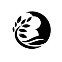 Abstract Minimalist Tree with Leaves, Chefs Hat Silhouette Enclosed in a Circle, Black and White Symbol. vector