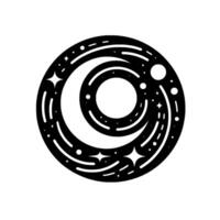 Abstract celestial illustration, a circular featuring a crescent moon, stars, and planetary elements within a cosmic space. vector