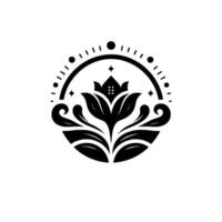 Elegant Black and White Floral House within Circular Frame, Featuring Leaves, Stars, and Decorative Elements. vector