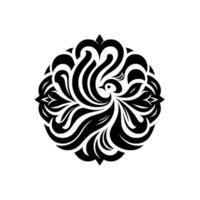 Intricate Black and White Floral Featuring a Stylized Bird Motif, Rendered in a Decorative Circular Arrangement, Against a Clean White Background. vector