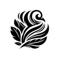 Abstract Monochrome Circular Composition BirdLike Silhouette with Leafy Elements and Curvilinear Forms on White Background. vector