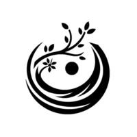 An Elegant Black and White Featuring Floral and Foliage Elements Encased within a Stylized Circular Shape, Evoking Harmony and Balance. vector