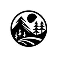 A minimalist monochrome emblem depicting a mountainous landscape with pine trees, a rising sun, and layered hills within a circular frame. vector