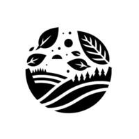 Abstract black and white circular nature illustration depicting a stylized landscape of rolling hills, trees, and floating leaves. vector