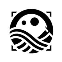 A minimalist, monochromatic emblem depicting a stylized landscape within a circular frame, incorporating wavelike patterns and celestial elements. vector