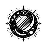 Celestial Emblem A black and white circular featuring a planet with stripes, surrounded by stars, moon, and directional elements. vector