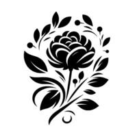Exquisite Floral Silhouette A symmetrical, monochromatic showcasing a stylized rose surrounded by leaves and berries, rendered in stark black against a pristine white background. vector