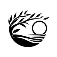 A minimalist black and white circular composition featuring a stylized tree, setting sun, and abstracted seascape, suggesting peace and harmony. vector