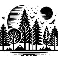 A serene, minimalist illustration featuring a black and white forest scene with silhouetted trees, birds, and celestial bodies, evoking a sense of tranquility. vector
