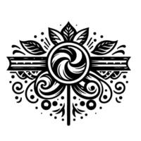Intricate Black and White Decorative A Central Swirl, Floral Elements, and Ornamental Scrollwork, on a Clean White Background. vector