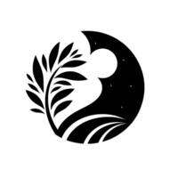 A stark black and white circular depicting a trees silhouette juxtaposed with a moonlit night and fields, a contrast of growth and cosmos. vector
