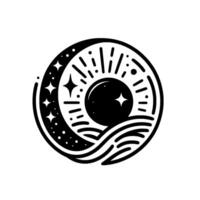 A stylized black and white illustration of a celestial eye, depicting the cosmos with stars, a crescent moon, and sunorb inside, with radiating lines and a wavy ocean. vector