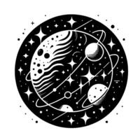 A stylized, black and white circular illustration depicting a celestial scene with planets, stars, and rings. vector