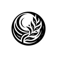 Intricate Black and White Circular featuring a Crescent Moon, Leaf Motif, and Striated Elements on a White Background. vector