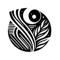 Abstract Black and White Composition A Circular Arrangement Featuring Stylized Lines, Leaf, Eye, Crescent Moon, and Dot Elements. vector
