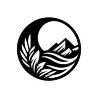 Minimalist Emblem A circular featuring mountains, water, and foliage inside a bold, black frame, on a bright white backdrop. vector