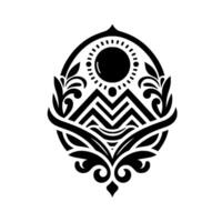 Intricate Black White Emblem Stylized Mountainscape, Rising Sun, and Floral Embellishments Enclosed within an Oval Shape, Embodying Serenity. vector
