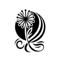 An intricate black and white of a dandelion, stylized with a circle, curved lines, and decorative elements, showcasing a modern, minimalist floral . vector