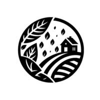 Minimalist Black and White Circular Farmhouse on rolling hills with leaves, evoking a sense of nature and tranquility. vector