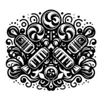 Intricate monochrome of assorted candies and decorative swirls arranged in a symmetrical and ornamental , evoking a sense of playful elegance. vector
