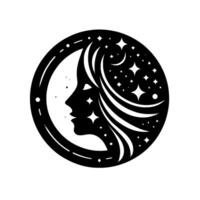 A celestial silhouette depicts a womans profile merging with the moon and starry cosmos within a circular frame, a minimalist aesthetic. vector