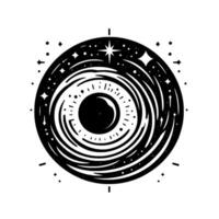 Celestial Eye A black and white minimalist illustration of a cosmic entity, featuring a spiral galaxy eye, starfield background, and abstract . vector