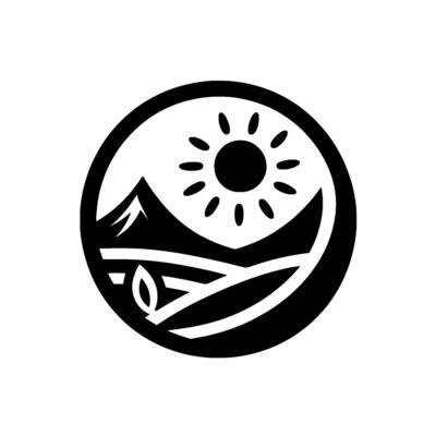 A minimalist, circular featuring a stylized landscape, including a mountain, sun, and a leaf, all rendered in black against a white background.