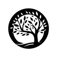 A stylized, elegant tree emblem within a black circular frame, representing growth and nature, with a clean, minimalistic aesthetic. vector