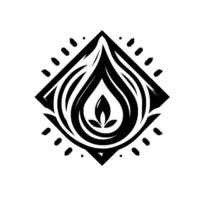 A geometric black and white featuring a stylized flame or teardrop shape within a diamond frame, with ornamental accents. vector