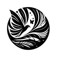 Monochromatic Floral and Avian A stylized illustration of a bird in flight within a circular composition, incorporating stylized leaves, dots, and a butterfly. vector