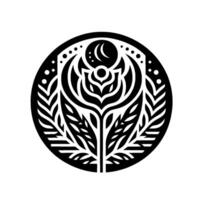 Intricate Black and White Floral and Celestial Emblem A Symbolic Rose with Crescent Moon within a Circular Decorative Border. vector