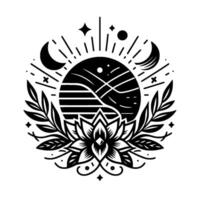 Celestial Lotus A minimalist black and white illustration featuring a stylized lotus, mountains, sunmoon phases, and stars, representing balance and natures harmony. vector