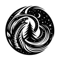 A swirling, circular black and white illustration of a serpent surrounding a pine tree beneath a starfilled night sky, with a crescent moon. vector